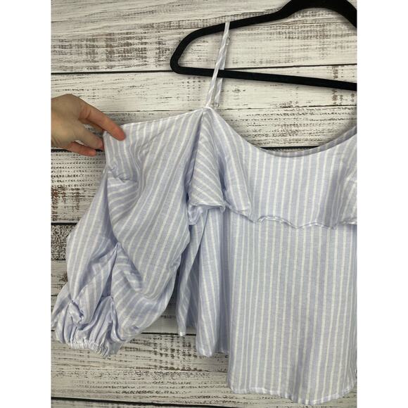 Astr The Label Ruffle Blue Stripe Shirt Small Cotton Boho Coastal Fairy Feminine - Picture 4 of 8